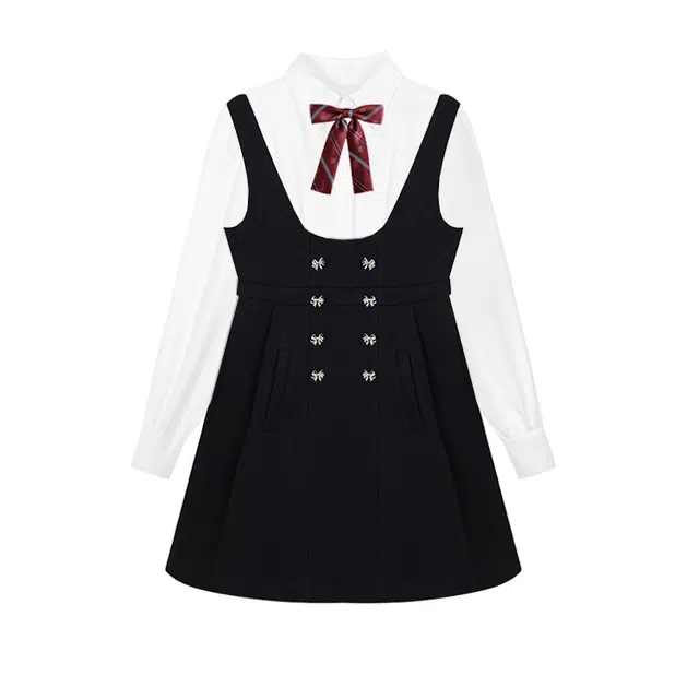 冰淇淋与鲸 休闲纯色方领短款高腰背心连衣裙风琴褶长袖衬衫制服 女款