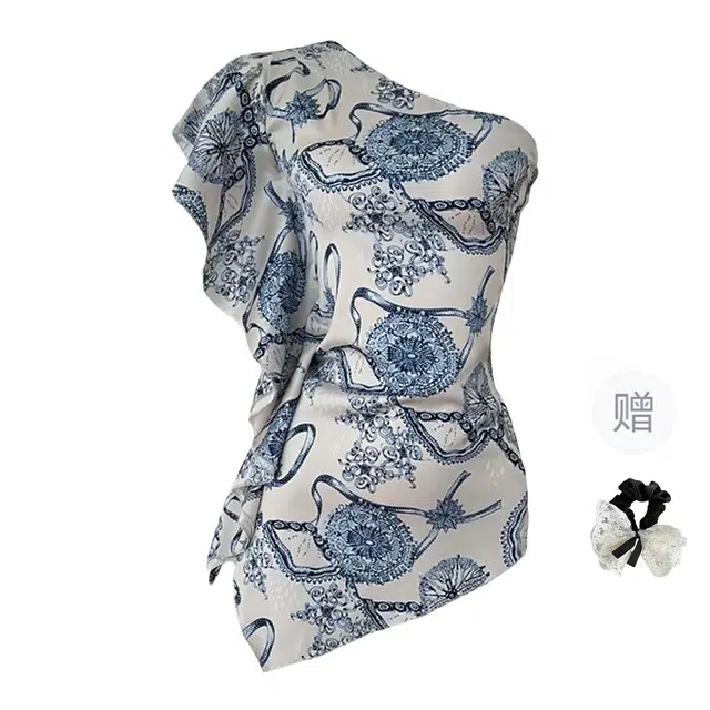 涂诗菲 名媛千金风高级感印花不规则荷叶边斜肩裙修身显瘦短袖连衣裙 女款