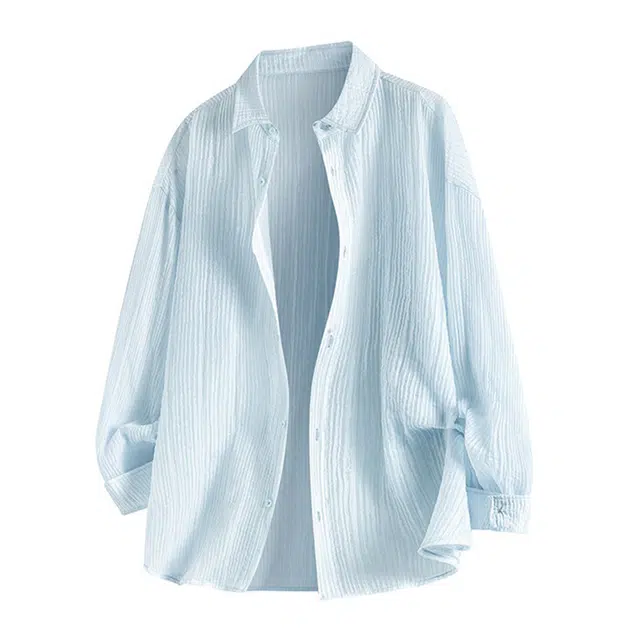 【dme】 简约韩系情侣款轻薄透气冰丝速干防晒夏季宽松百搭舒适上衣纯色竖纹长袖衬衫 男女同款