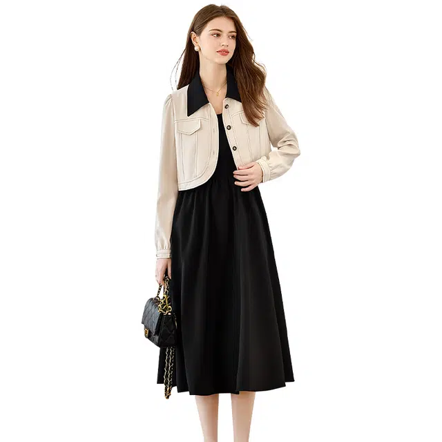 她池 通勤风单排扣短外套搭吊带裙撞色两件套裙装套装 女款
