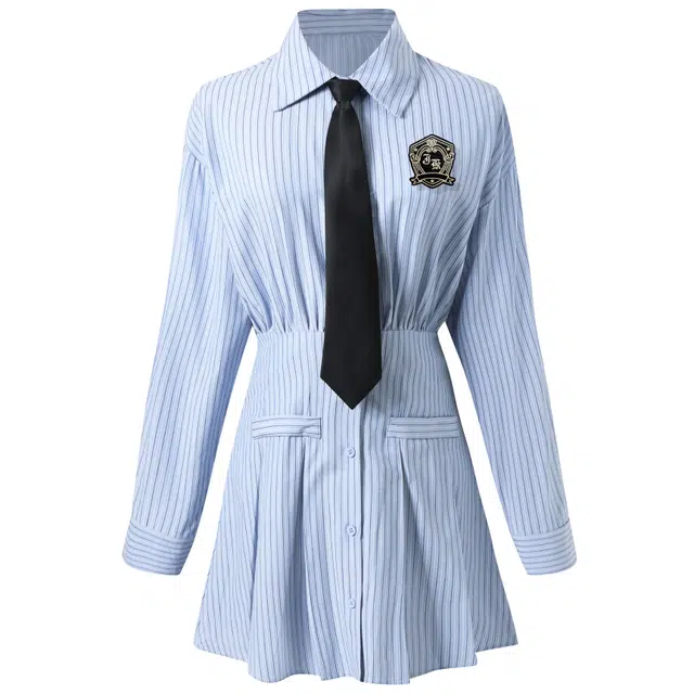 九条喵 拼色条纹徽章刺绣尖领收腰衬衫长袖连衣裙制服 浅蓝色