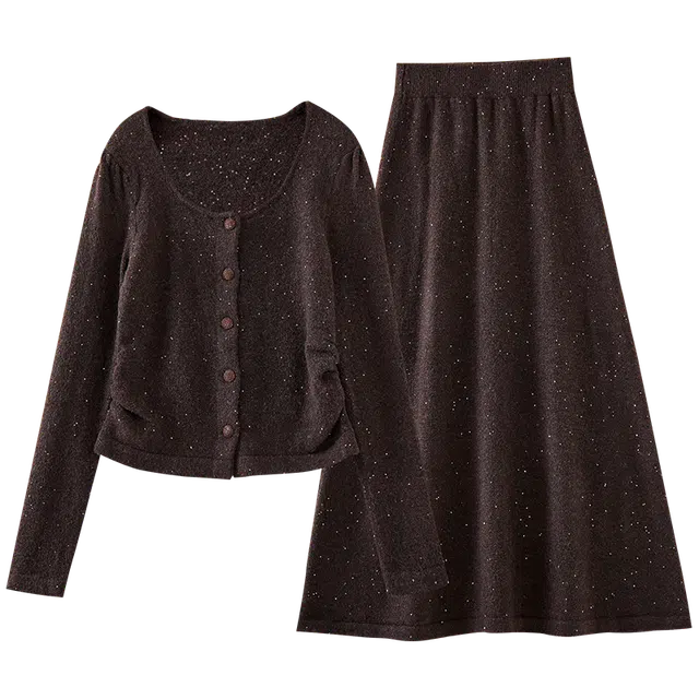 欧昵雪 方领法式时尚休闲长袖毛衣长款半身裙裙装套装 女款