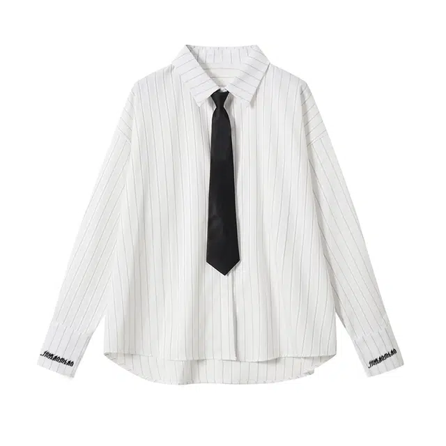 九条喵 竖条纹刺绣宽松长袖带领带制服 女款 象牙白