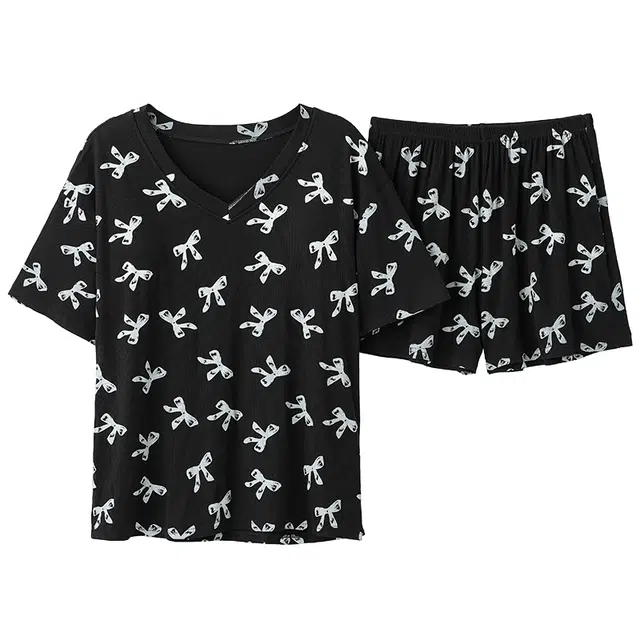 好福份 带胸垫短袖蝴蝶结满印休闲三分裤可外穿家居服睡衣套装 女款