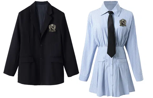 九条喵 纯色徽章刺绣单排扣休闲西装拼色条纹收腰长袖连衣裙制服