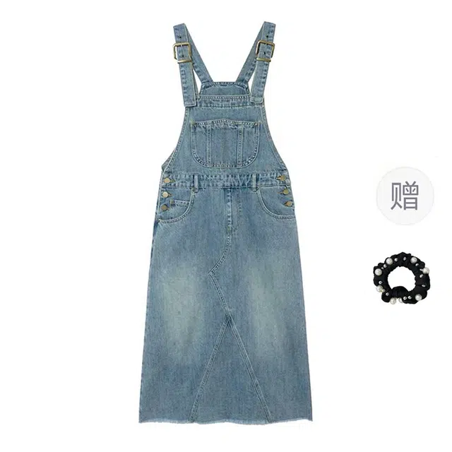 雾闪闪 复古港风文艺休闲宽松显瘦毛边设计感牛仔背带无袖连衣裙 女款