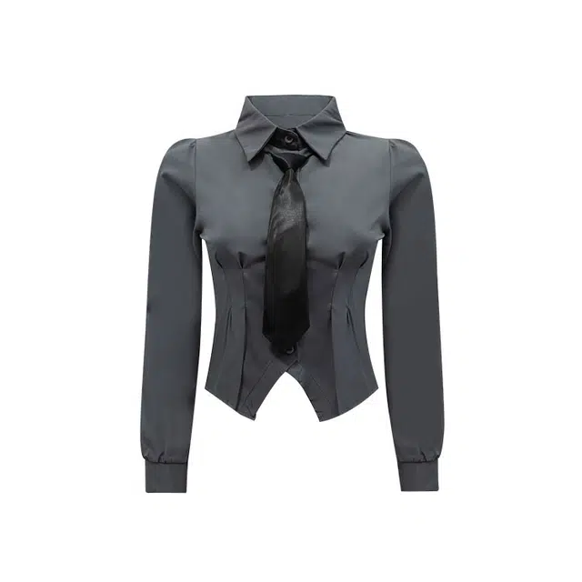 花山家的猫 纯色尖领收腰捏褶短款长袖衬衫高腰蛋糕短裙制服 女款