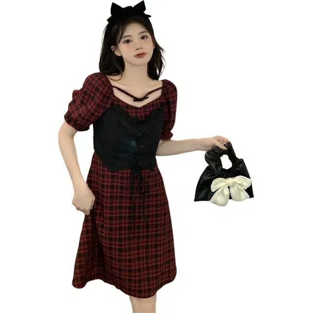 哒头下雨不愁 蝴蝶结格子通勤时尚短袖连衣裙 女款