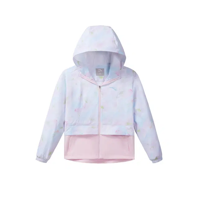 安踏儿童 撞色拼接长袖连帽休闲夹克外套 儿童款 纯净白/暖居粉