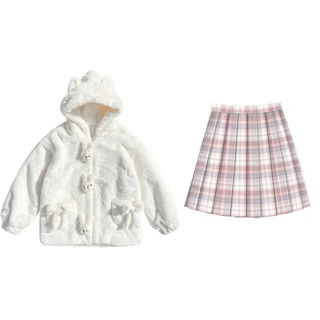 兔半眠 学院风纯色连帽落肩拉链绒感外套格纹半身裙制服 女款