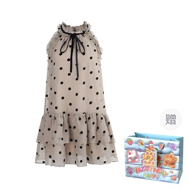 轻迎 法式简约波点挂脖绑带木耳边宽松无袖连衣裙 女款