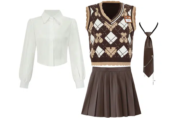 九条喵 学院风针织菱形马甲时尚长袖衬衫百褶半身裙裙装套装 女款