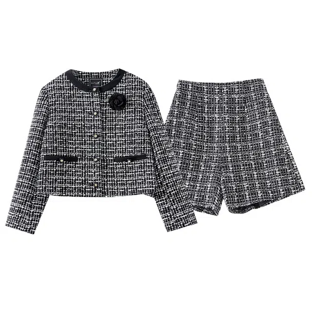 欧昵雪 小香风粗花呢外套时尚简约短裤裙装套装 女款 黑白格
