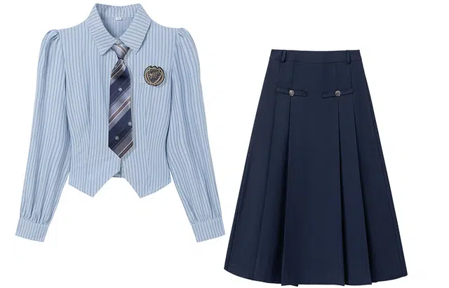 九条喵 拼色条纹尖领长袖衬衫领带徽章纯色高腰半身裙制服 女款