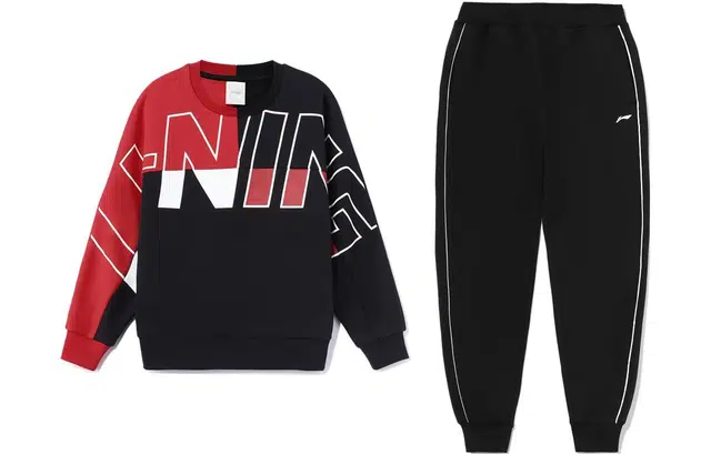 李宁儿童 童装 运动生活系列 字母圆领套头运动长袖卫衣中腰直筒束脚休闲运动套装 男童女童 公牛红黑色