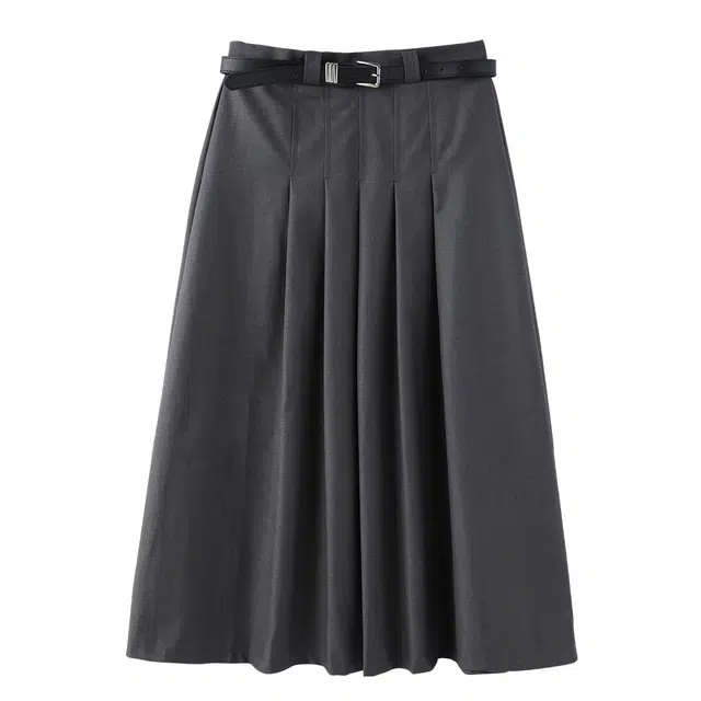 花栗鼠小姐 韩系气质优雅学院风纯色高腰中长款遮肉百褶休闲长裙 女款 灰色