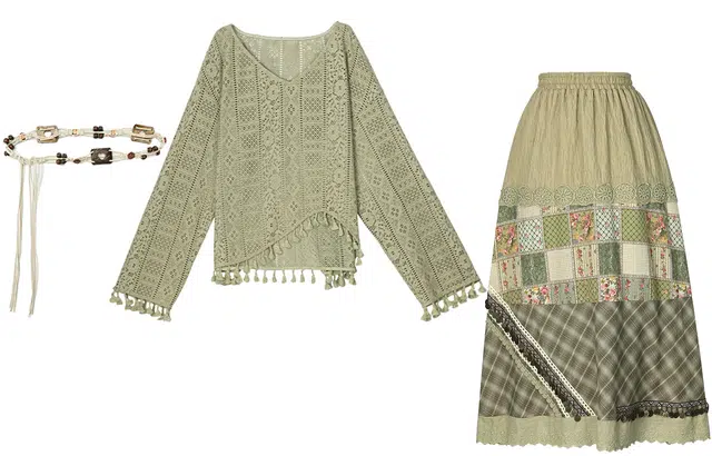 森女部落 原创波西米亚风镂空流苏长袖上衣复古森系碎花半身裙裙装套装 女款 牧羊曲
