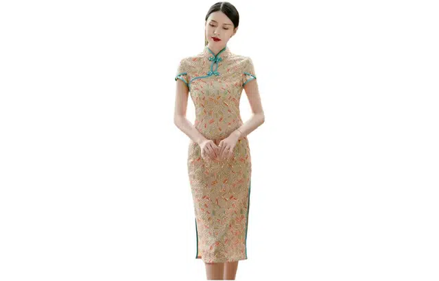 四美子 手工刺绣斜襟立领花瓣袖旗袍 琉璃之梦