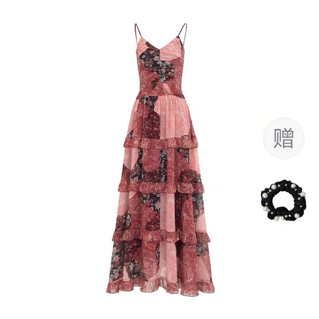 雾闪闪 法式海边度假风重工花边碎花设计感长款吊带连衣裙 女款