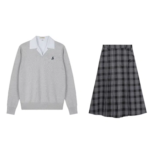 冰淇淋与鲸 学院风刺绣长袖衬衫长袖纯色针织衫复古格子高腰半身裙裙装套装 女款