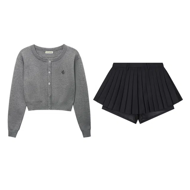 冰淇淋与鲸 秋季学院风圆领短款纯色单排扣简约长袖针织衫百褶显瘦高腰半身裙裙装套装 女款 灰色