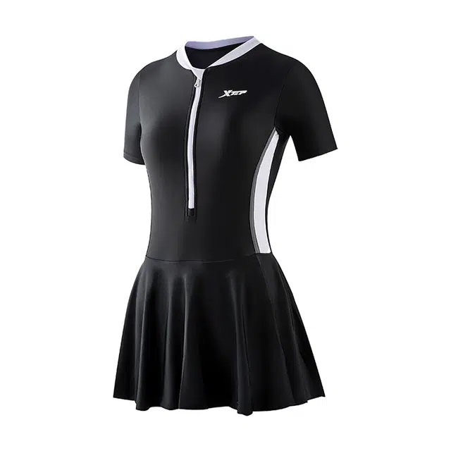 特步 拼色拉链泡温泉保守泳装裙 女款 黑色