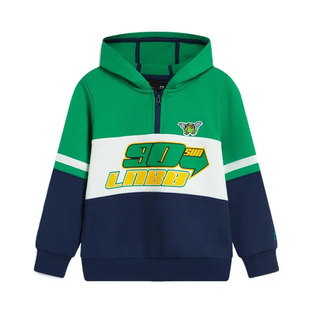 李宁儿童卫衣 运动生活系列 连帽时尚套头百搭拼色长袖 翠果绿 中小童