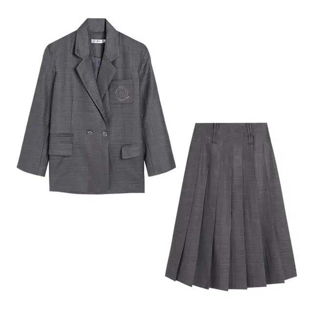 冰淇淋与鲸 纯色双排扣西装外套中长款半身裙制服 女款 灰格
