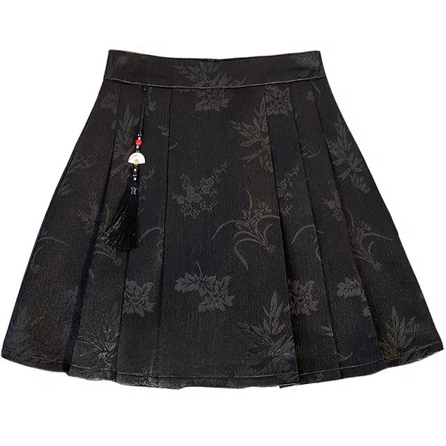 她池 复古高腰提花新中式百褶休闲短裙 女款 黑色