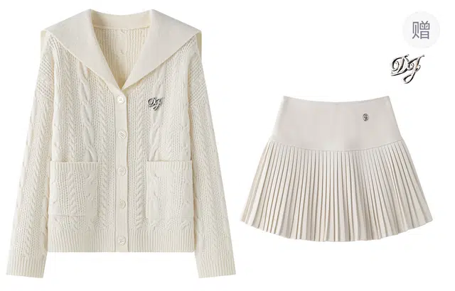 东鲸岁时记 海军领插肩袖单排扣长袖上衣高腰宽松纯色短裙裙装套装 女款 米白色