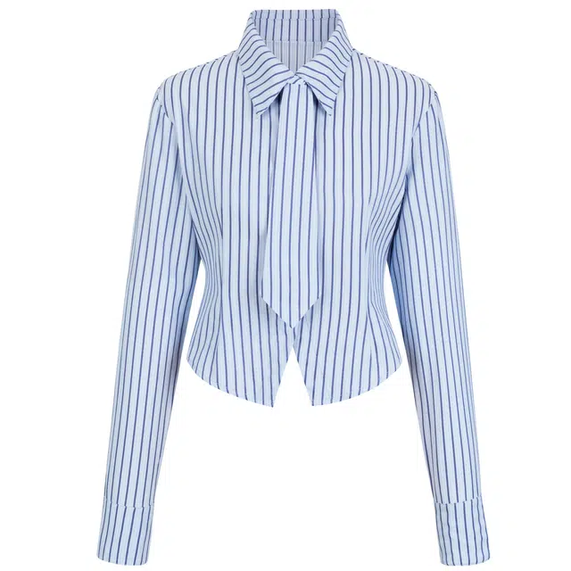 九条喵 条纹收腰尖领含领带单排扣长袖衬衫制服 女款 蓝色