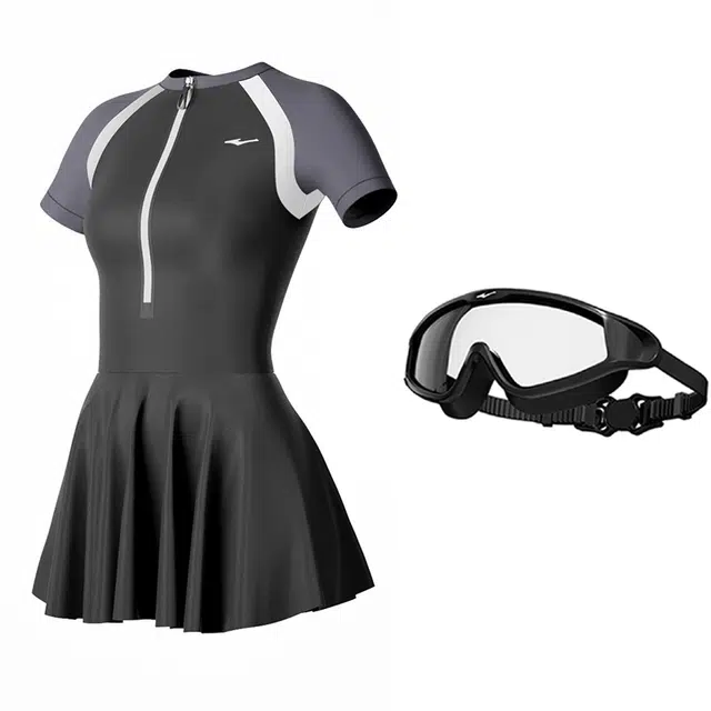 鸿星尔克 运动生活系列 泳镜泳帽套装连体裙式拼色泳装海边度假沙滩泡温泉 黑灰泳衣 女款