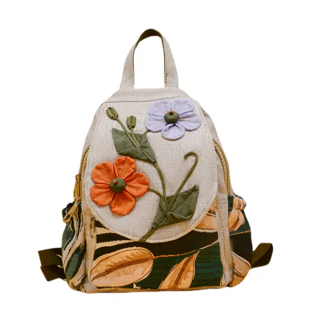 南潇湘 时尚百搭印花高颜值个性简约 棉麻 双肩包 女款 浅灰色