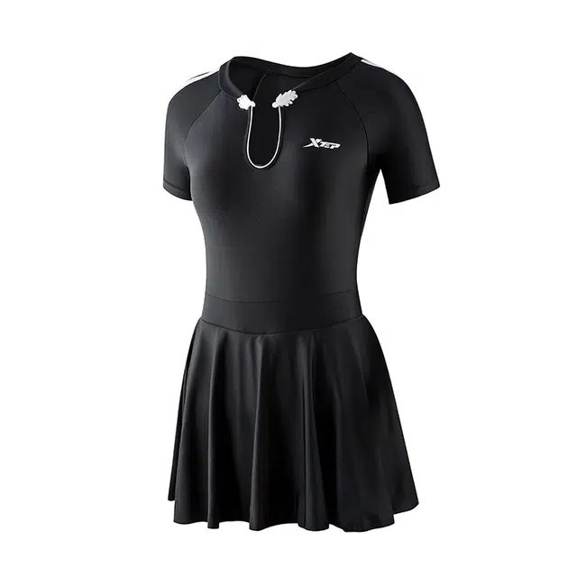 特步 撞色条纹短袖短裙连体泳装裙 黑色