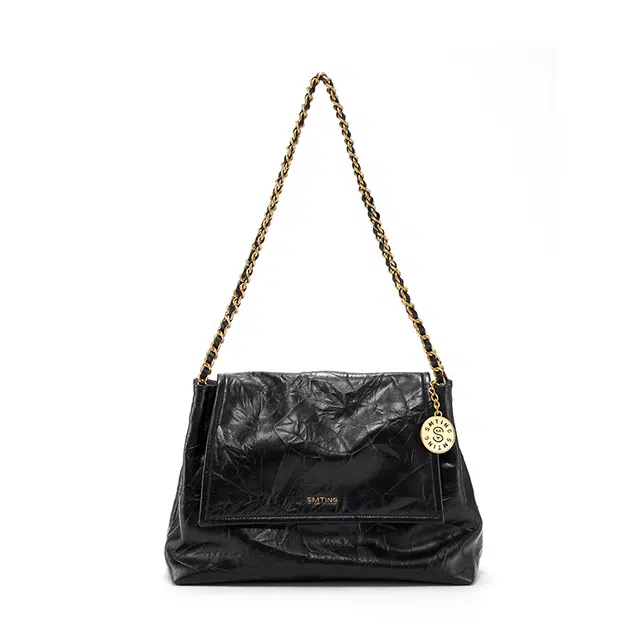 西木汀 马德里 高级感链条复古百搭通勤斜挎托特包 头层牛皮 单肩包 大号 女款 深邃黑/米白色