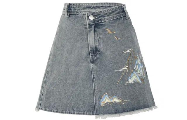 森女部落 千里江山系列 原创水洗磨白刺绣牛仔包臀裙高腰半身裙短裙 女款