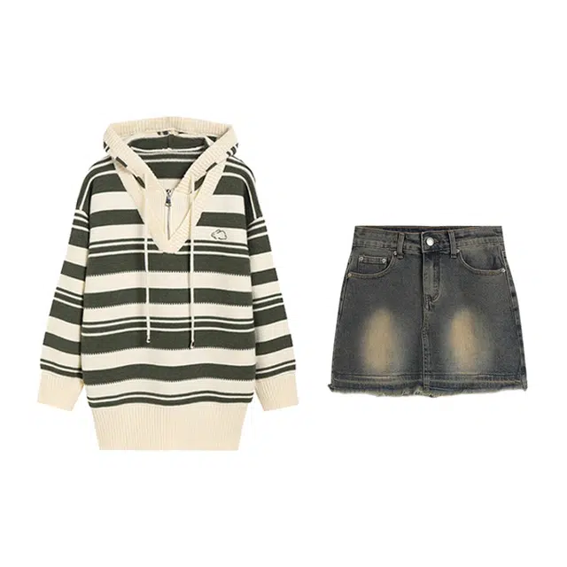 冰淇淋与鲸 学院风拼色条纹休闲连帽套头针织上衣复古高腰防走光牛仔短裙裙装套装 女款