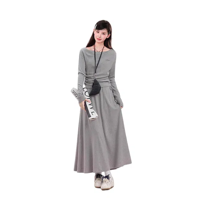 柏黛妃 一字领套头长袖上衣小个子不规则修身长裙裙装套装 女款 灰色