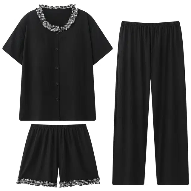 顶瓜瓜 短袖云朵棉花边纯色开衫圆领三件套家居服夏季睡衣套装 女款