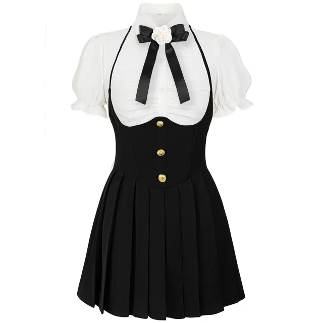 九条喵 泡泡袖短袖衬衫高腰挂脖连衣裙百褶裙制服套装 女款