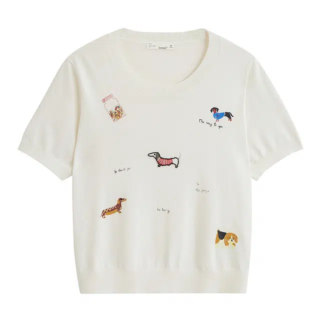 茵曼 甜美治愈萌宠刺绣休闲短袖薄款针织衫 女款