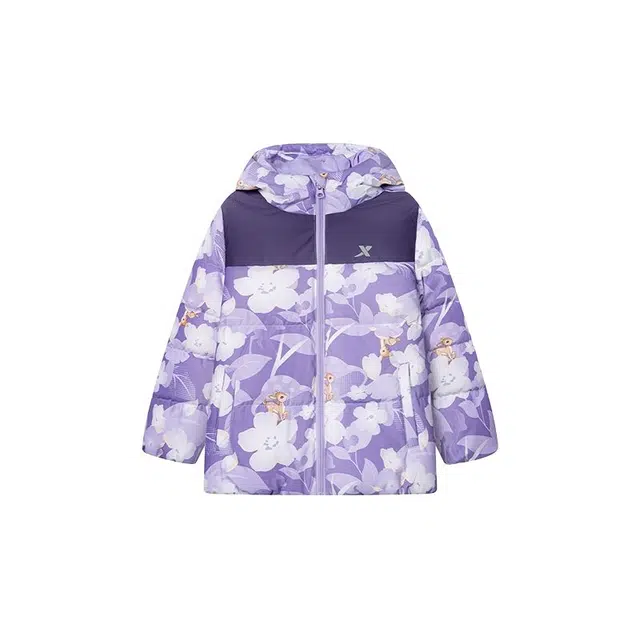 特步羽绒服 休闲加厚保暖连帽鸭绒 半月紫/珍珠白 中小童