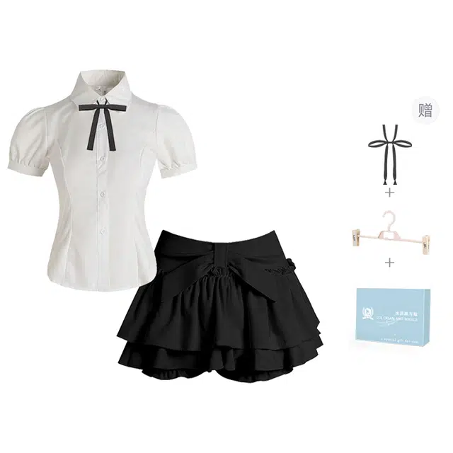 冰淇淋与鲸 纯色收腰泡泡短袖衬衫交叉领结公主蓬蓬短裙制服 女款