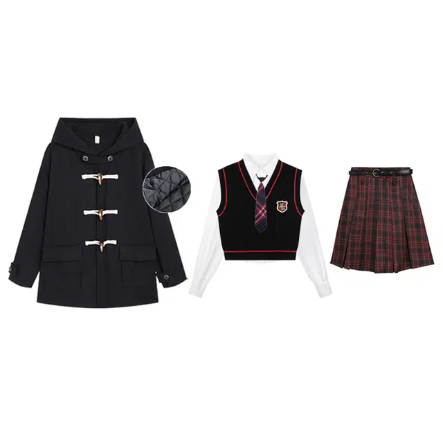 冰淇淋与鲸 学院风毛呢连帽大衣套头针织衫马甲毛衣纯色收腰长袖衬衫高腰百褶裙裙装套装 女款