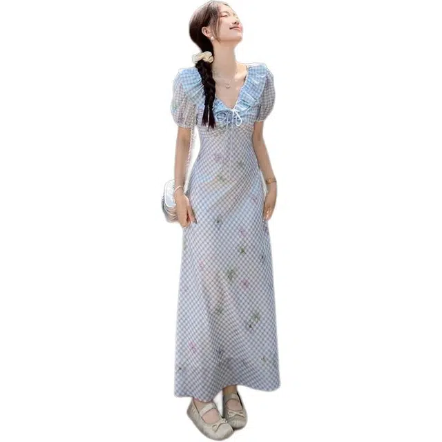 纤丝鸟 法式清新甜美风格纹别致收腰泡泡仙女碎花短袖连衣裙 女款