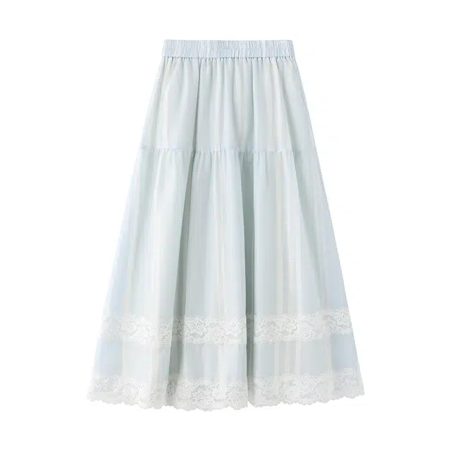 花栗鼠小姐 海盐玫瑰 浪漫法式甜美通勤气质风全松紧下摆拼接蕾丝分层抽皱条纹遮肉显瘦休闲长裙 女款