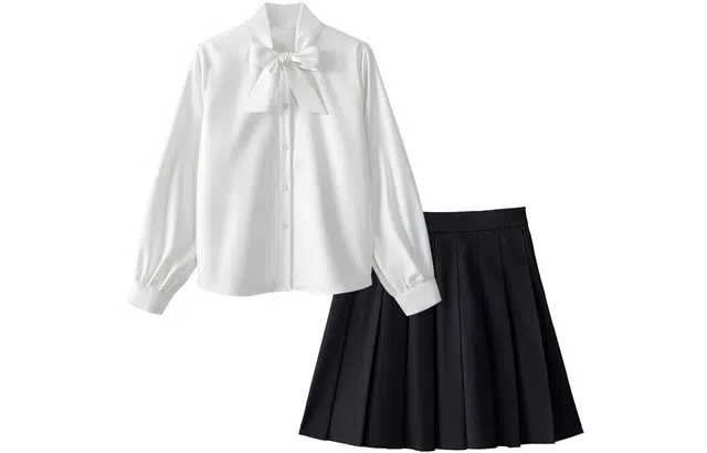 九条喵 纯色蝴蝶结长袖衬衫百褶裙短款半身裙制服套装 女款