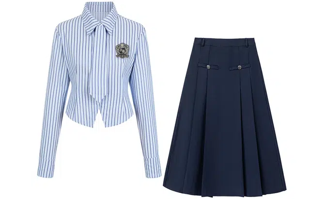 九条喵 条纹蓝色收腰衬衫带领带带徽章半身裙长裙制服 女款 蓝色