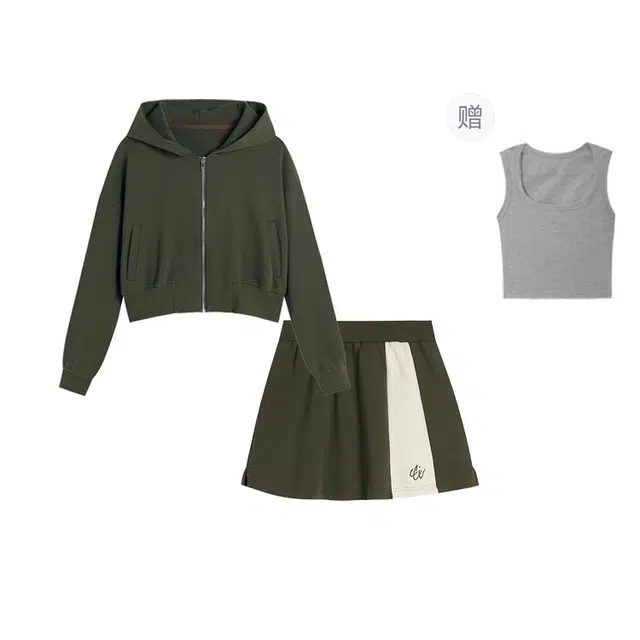 冰淇淋与鲸 慵懒连帽拉链长袖卫衣外套包臀半身短裙裙装套装 女款