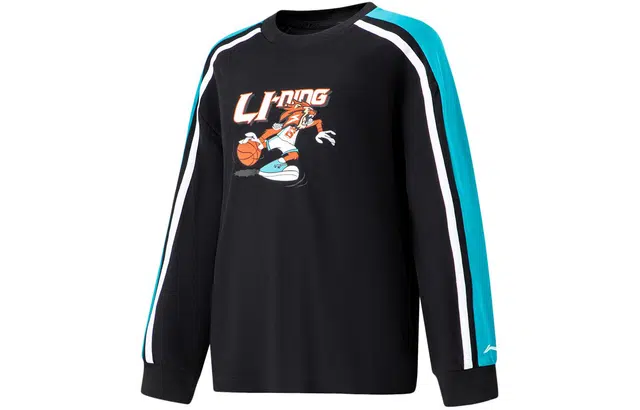 李宁儿童 篮球系列 圆领撞色字母印花长袖休闲卫衣 儿童款 黑色